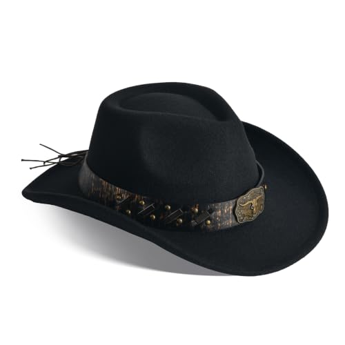 Image of Classic Western Cowboy Hat Cowgirl Hat Unisex Men's & Women's Wide Brim Felt Fedora Hat Flat Top with Buckle Belt