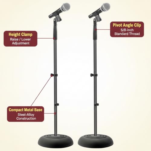 Image of Pyle Universal Microphone Stand - Handheld Mic Compatible, Heavy Compact Base, Lightweight & Compact Design, 2.8 to 5 Ft Height Adjustable Clamp, Pivot Angle Clip, Home /Studio Use (Pair)