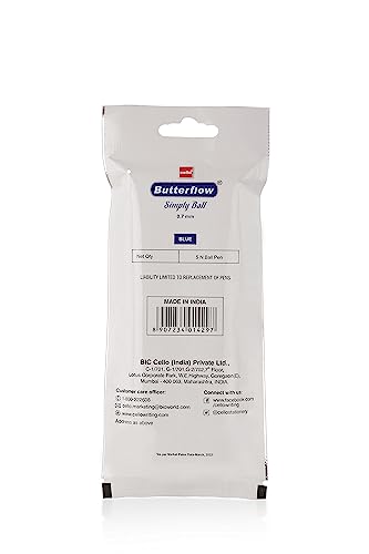 Cello Butterflow Simply Ball Pen Set | Pack of 5 Ball Pens | 5 Blue Ink Colour Pens | Smooth Writing Experience | For Students and Office Use | Best Pen for Exams