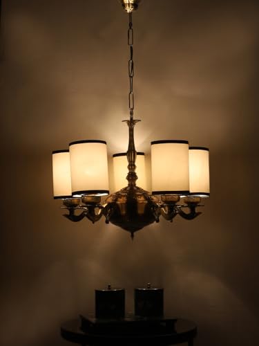 Image of Devansh 05 Lights White & Black Round Cotton Shade with Antique Golden Chandelier