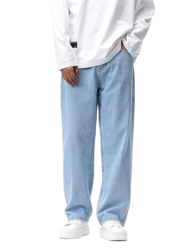Image of SHINIK Loose Fit Men Light Blue Jeans | Tailored Fit | Mid-Rise Waist | Durable Cotton Blend Fabric | Contemporary Solid Finish | All-Season Wear | Style 171