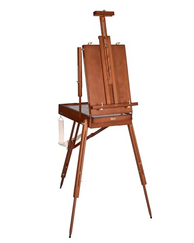 DJAR French Easel with Shoulder Strap Adjustable Beech Wood Art Easel with Drawer Palette Level Instrument & Scale Leg Studio Tabletop Floor Easel for Artists Hold Canvas up to 34 Walnut