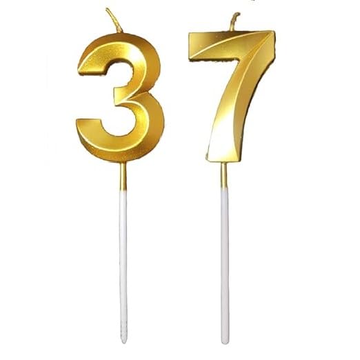 Image of ToyUniverse Number 37 Metallic Gold Candle - Pack of 2 for Birthday, Anniversary, Party Cake Decoration