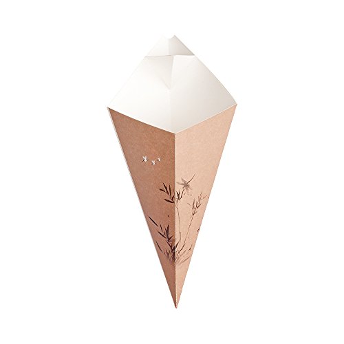 Paper Food Cones, Cardboard Food Cones with Dip Pocket - Bamboo Print - 10" Food Cone - Conetek - 100ct Box - Restaurantware