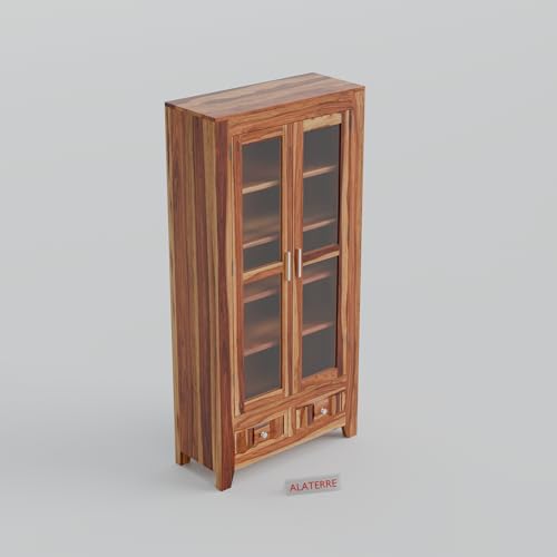 Image of Solid Wood Display Cabinet with Acrylic Glass Doors & Storage Drawers | Modern Wooden Bookcase & Crockery Unit for Living Room, Dining Room & Home Decor (Natural Finish)