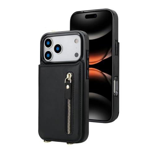 Étui zippé iPhone 16 noir : fini les chutes avec la bandoulière porte-carte
