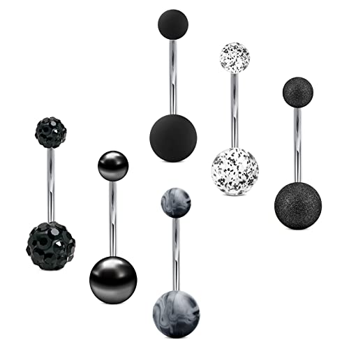 Vcmart 6piezas Piercing Ombligo 14mm Barra de Vientre Acero Quirúrgico 14G Piercing Joyería Plata Negro