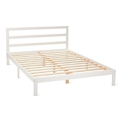 Amazon Basics Queen Bed Frame with Headboard, Solid Pine Wood with Bed Slats, White, 62" x 82" x 34.6"