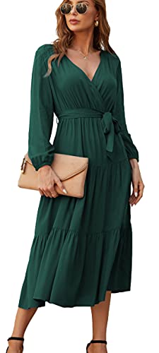 Kormei Womens Wrap V Neck Long Sleeve Casual A Line Tiered Fall Vintage Party Midi Long Maxi Dress XL Green
