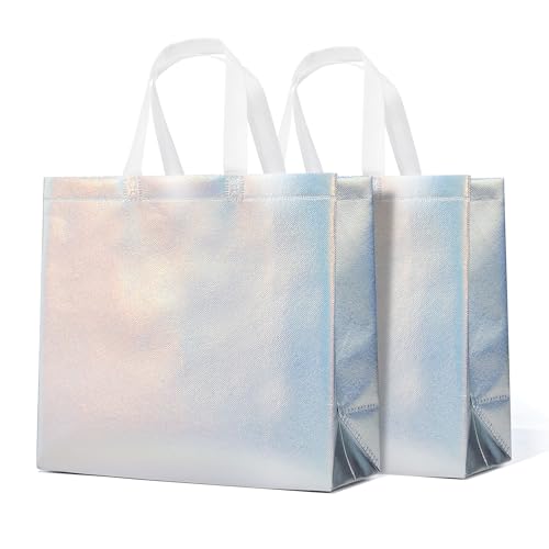 RACETOP 15 Pcs Iridescent Glossy Gift Bags Large Size 13x5x11 Inch Holographic Reusable Gift Bags with Handles & Sturdy Base Ideal for Birthday Wedding Bachelorette Party Favors Holiday Goodie