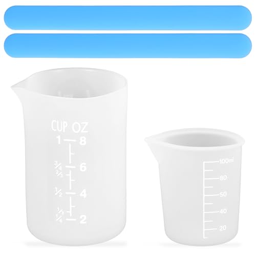 2 Stück Silikon Messbecher Gießpulver 100ml/250ml Silikonbecher zum Gießen mit Skala Mischbecher Epoxidharz mit Rührstab für Epoxidharz Gießformen Wachsen DIY Handmade Basteln Labor