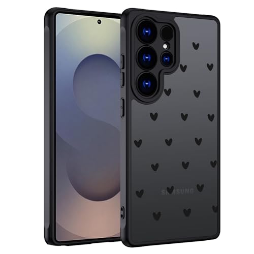 Handyhülle für Samsung Galaxy S25 Ultra Hülle Aesthetic Motiv Herz Muster Design Matt Transluzente Schlanke Hart Case Kratzfeste PC Rückseite + TPU Bumper Stoßfest Schutzhülle Schwarz