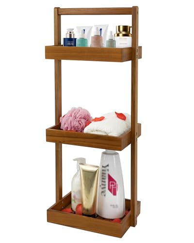 Utoplike Teak Shower Caddy Corner 3 Tier Standing Shower Organizer Shelf with Handle Wood Bathroom Stand Up Caddy Basket for Shampoo Rack for Inside Shower Bath Office Kitchen Desktop