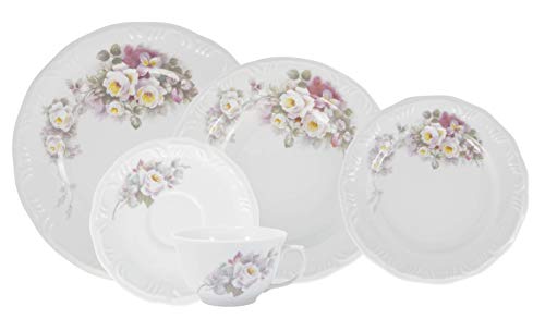 Serviço de Jantar e Chá 20 peças em Porcelana. Modelo Redondo com Relevo Pomerode. Decoração Eterna.