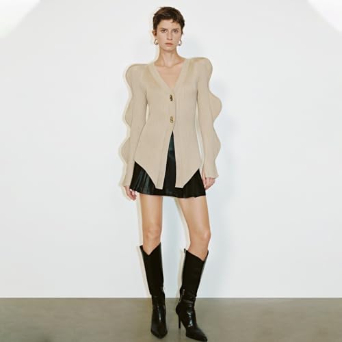 URBAN REVIVO Women Knitted Cardigans Long Sleeve V-Neck Lightweight Sweater One Leaf Button Down Outwear