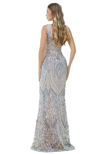 Image of Women's Wedding Bridesmaid Gown Sequined Mermaid V Neck Sleeveless Evening Dress