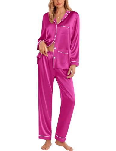 Image of Ekouaer Pajamas for Women Silk Satin Button Down Long Sleeve Pajama Sets