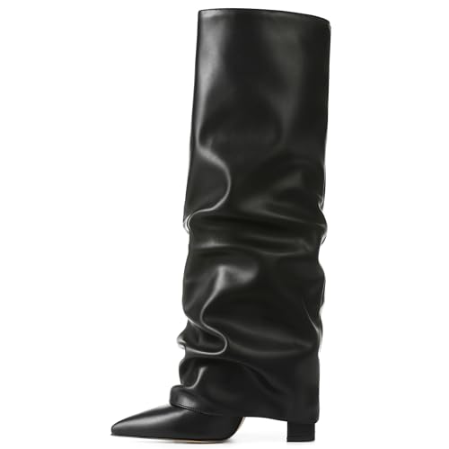 SaraIris Women's Slouchy Knee High Boots - Black, Pointed Toe, Fold Over, Chunky, Shark Boots2