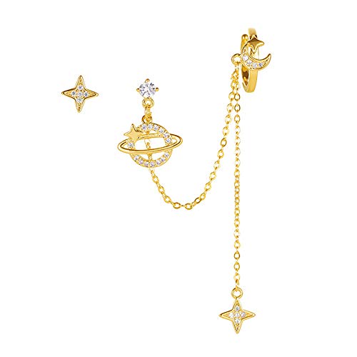 Planet CZ Moon Star Ear Cuff Wrap Clip On Clawler Climber Hoop 925 Sterling Silver Stud Chain Threader Tassel Asymmetric Earrings for Women Teen Girls Cute Hypoallergenic Gifts Daughter Bff (gold)