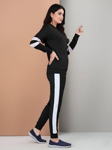 Image of ALISBA Women's Cotton Solid Tracksuit with Round Neck Full Sleeve Straight Length Relaxed Fit and Drawstring Closure Pant