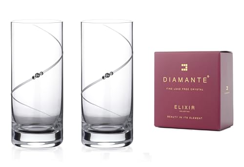 DIAMANTE Crystal Highball Glasses Pair with ‘Silhouette’ Collection Hand Cut Design - Set of 2 Universal Tall Long Drink Glasses