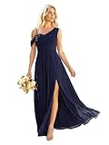 Ever-Pretty Women's One-Shoulder Chiffon Bridesmaid Dress Draped Bodice Maxi Dress with Side Split for Wedding Parties Navy Blue 14UK