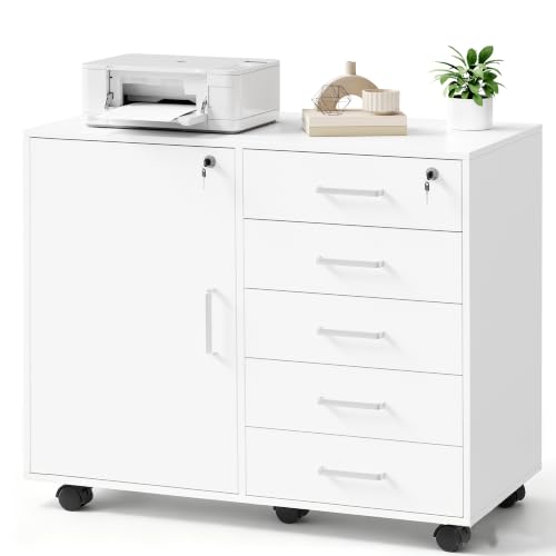 BEWISHOME Rollcontainer Schreibtisch mit 5 Schubladen Weiß