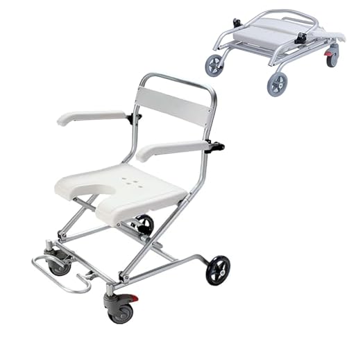 Składane krzesło prysznicowe, lekkie, aluminiowe siedzisko kąpielowe z kółkami i podłokietnikami, antypoślizgowa ergonomiczna konstrukcja dla osób starszych i niepełnosprawnych