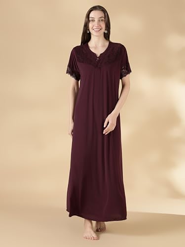 Image of 9shines Label Stylish Soft Modal Maxi Nighty | Honeymoon Nighty | Full Length Trendy Nightgown | V-Neck Lace | Premium Nightdress | Soft Long Nightdress | Maxi Gown Nightwear for Women (Malai Satin)