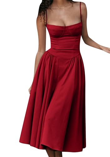 EFOFEI Femme Bretelles Spaghetti Robe Soleil Robe sans Manches Corset Fit Robe Midi Coupe Basse Dos...