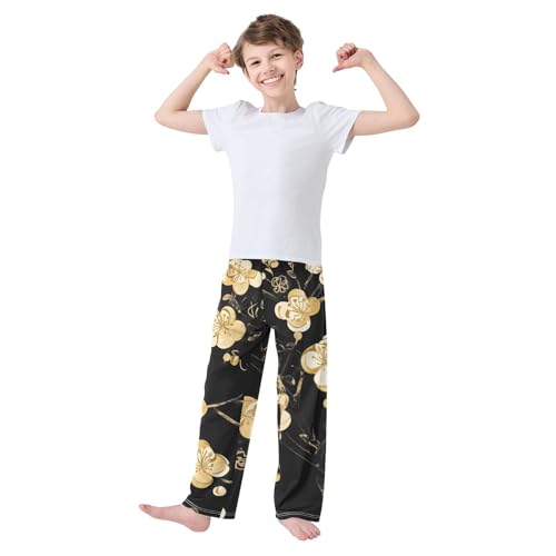 Golden Plum Flowers Boys Long Pants Soft Trousers Elastic Waist Kids Lounge Bottoms with Pockets S-XL3