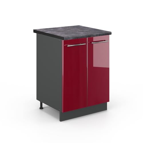 Vicco Meuble Bas de Cuisine Fame-Line, Rouge Bordeaux Haute Brillance, 60cm, PT Anthracite, à Combiner avec d'autres modules de la série Fame-Line