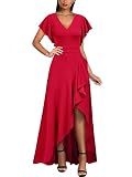 Miusol Women's Formal V Neck Ruffle Split Evening Party Long Dress (Medium, Red)