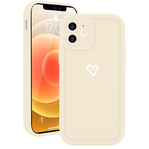 Micoden for iPhone 12 Case Cute Girls Silicone Shockproof Protective Bumper Case with Love Heart Pattern Design for iPhone 12-Cream