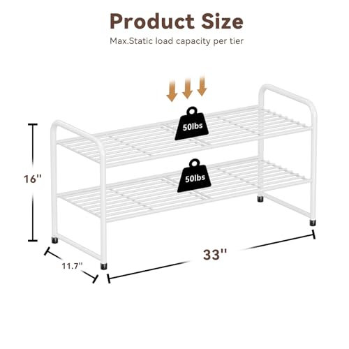 Image of 2 Pack 2-Tier Shoe Rack, 33 inch Wide Shoe Shelf Storage Organizer for Entryway, Closet, Large Capacity, Metal Wire Grid, White
