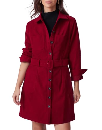 Kedera Women's Corduroy Mini Dress Collared Neck Long Sleeve Button