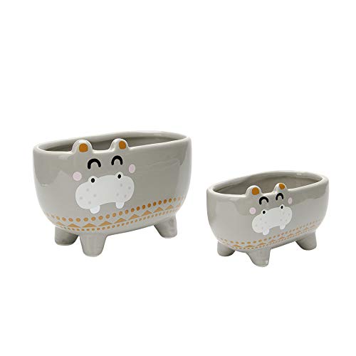 KRALIX Glazed Ceramic Animal Succulent Planter - Cute Mom and Baby Hippo Pots with Drainage for All House Plants, Cactus, Flower and Herbs - 2 Piece Gift Set (Hippo)