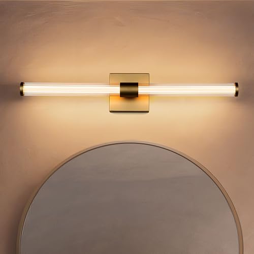 Image of Tubicen Gold LED Vanity Light Linear Vertical Wall Sconce Dimmable 25in | 360 Full Lighting, 12W Vanity Light Bar Modern Slim Wall Light Fixture for Living Room Bathroom Bedroom, Warm White