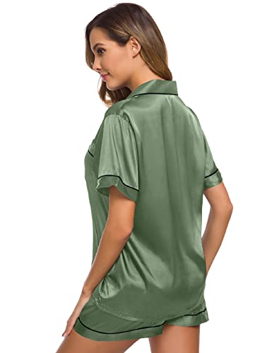 Image of SWOMOG Womens Silk Satin Pajamas Set Short Sleeve Sleepwear Button Down Top and Shorts Loungewear 2 Piece Pjs Set XS-3XL Matcha XXX-Large