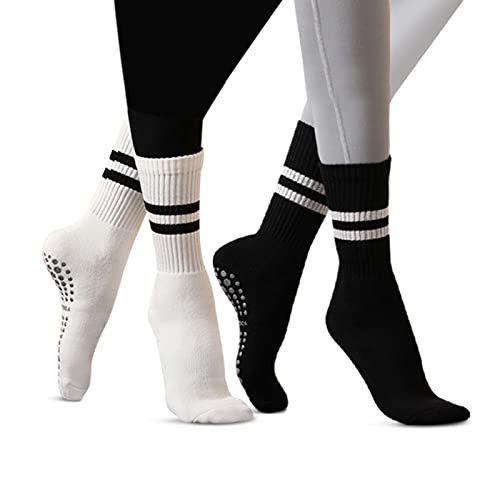 Jczanxi Yoga Socks With Grips For Women, Non Slip Grip Socks For Yoga, Pilates, Barre, Home&Hospital | Ideal Cushioned Crew Socks(Stripe Black/White-2P) #TOP22