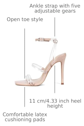 Image of Elisabet Tang 4 inch Stylish Ankle Strap Stiletto Sandals for Women - Sexy Square Open toe Gladiator High Heels for Party Commuting Daily use