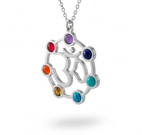Only faith Collar de los 7 Chakras colgante Meditación, Colgante en Acero Inoxidable 316L, Piedras Naturales, Cadena 45cm, con Tarjeta Explicativa de Chakras, Diseño Meditación (7 Chakras Simbolo Om)