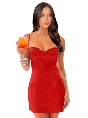 keosin Satin Homecoming Dresses 2025 Lace Corset Tight Short HOCO Dress Spaghetti Straps Open Back Mermaid Mini Cocktail Gown Red US 2