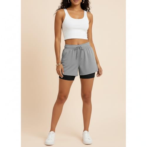 Image of Women's 2-in-1 Athletic Shorts with Inner Tights Layer, Drawstring Waist, for Running, Gym & Sports, Plus Size S to 6XL