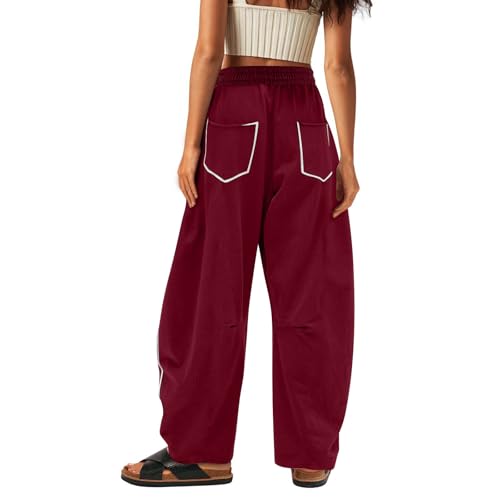 Image of Barrel Pants Women Casual Cargo Wide Leg Baggy Sweatpants Drawstring High Waisted Lounge Palazzo Pants with Pockets