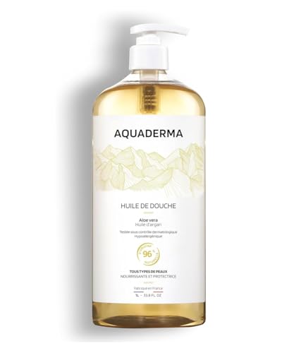 Aquaderma Huile Douche Aloe Vera & Huile d'Argan 1L - 96% Origine Naturelle & Made In France - Nourrit & Protège - Tous Types de Peaux, Visage & Corps -...