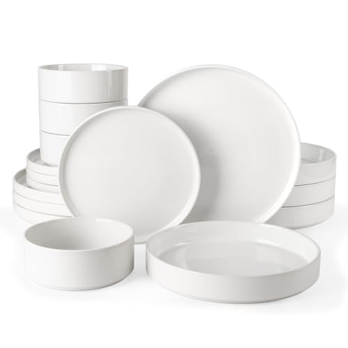 Image of Famiware Nebula Dinnerware Set with Pasta Bowls, Service for 4 (16pcs), Fine Stoneware Plates and Bowls Sets, Microwave and Dishwasher Safe Dishes Set, White