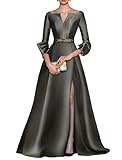 ALLENIDIA V Neck Long Sleeve Formal Smiple Dresses A Line Satin Evening Gowns Long Cocktail Party Dress with Slit Sliver Size 10