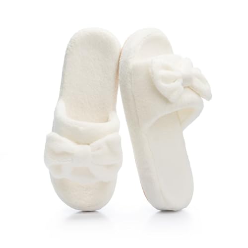 NineCiFun Cute Womens Bow Slippers with Memory Foam Cozy Soft Open-Toe Slipper Non-Slip for Indoor and Outdoor Plush Coral Fleece House Shoes(Beige 7-8US)