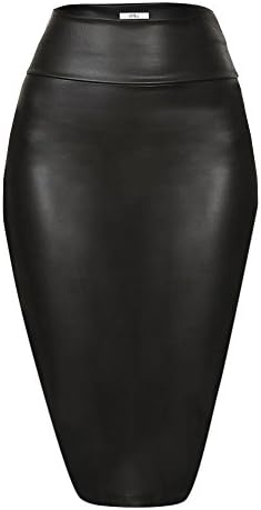 Black Leather Skirt for Women Below Knee Length Faux Leather Skirt Midi Bodycon Pencil Skirth Skirt Midi Bodycon Skirt Womens (Size XX-Large, Black Leather)